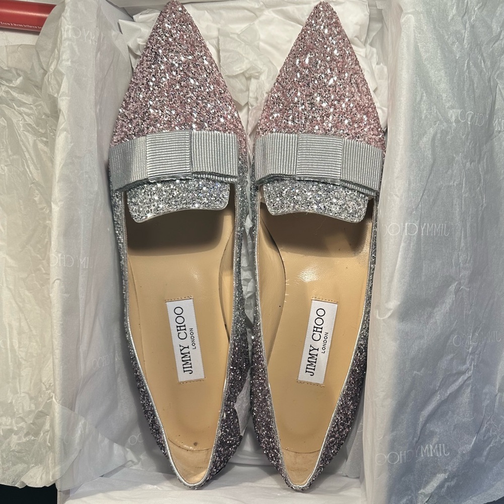 Jimmy Choo Glitter Flats with Bow Accent - Picture 7 of 7